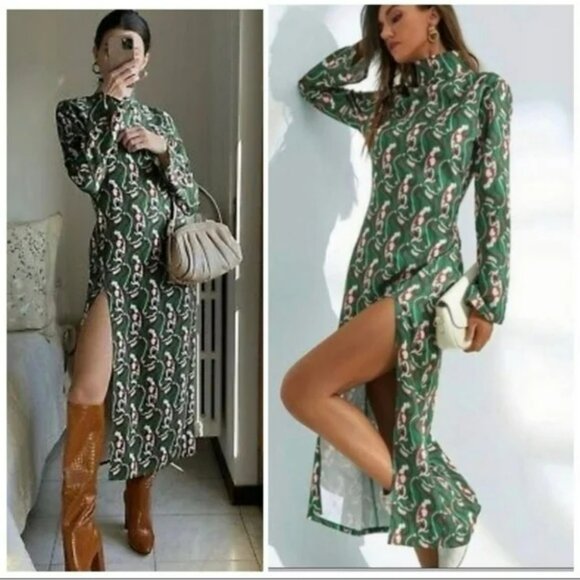 Zara The Floral Side Slit Stand Collar Dress.  SZ XS - Picture 4 of 4